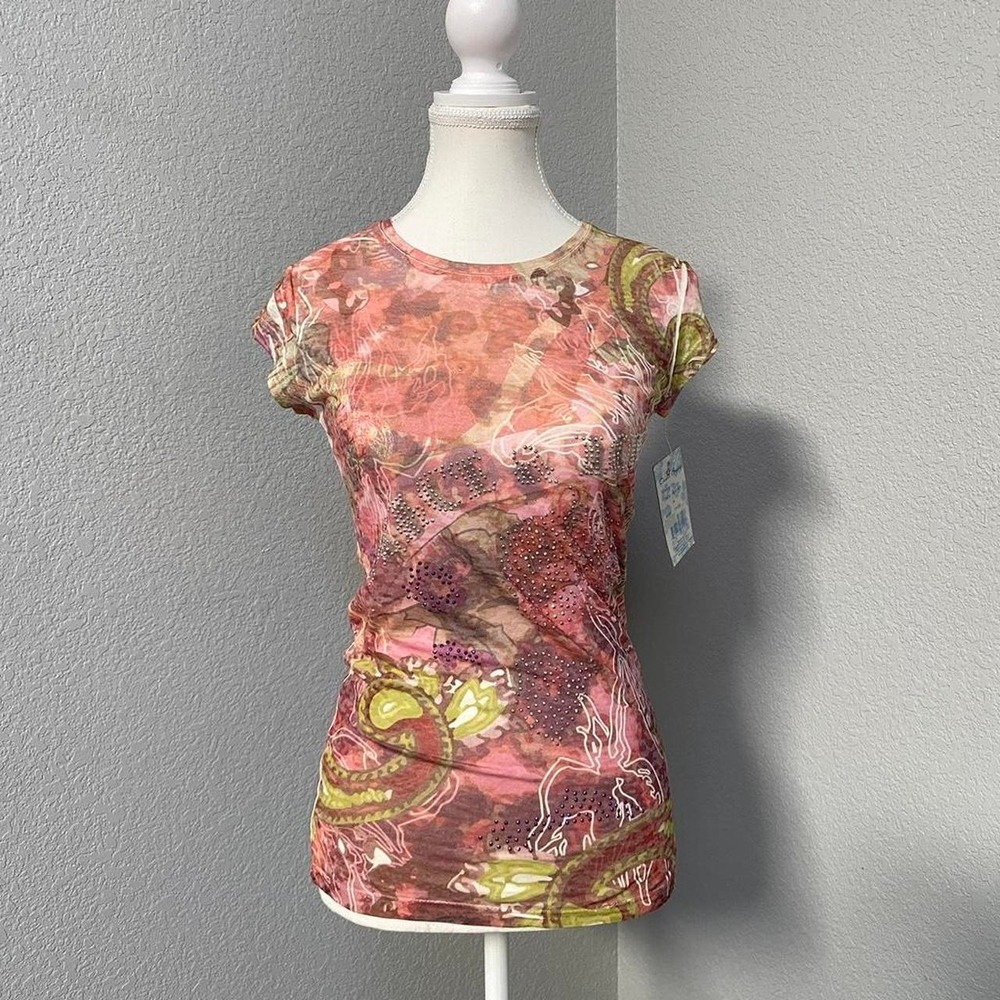 Y2K DEADSTOCK OCEAN BREEZE BEADED BURNOUT PEACH PINK LIGHT GREEN SHORT SLEEVE